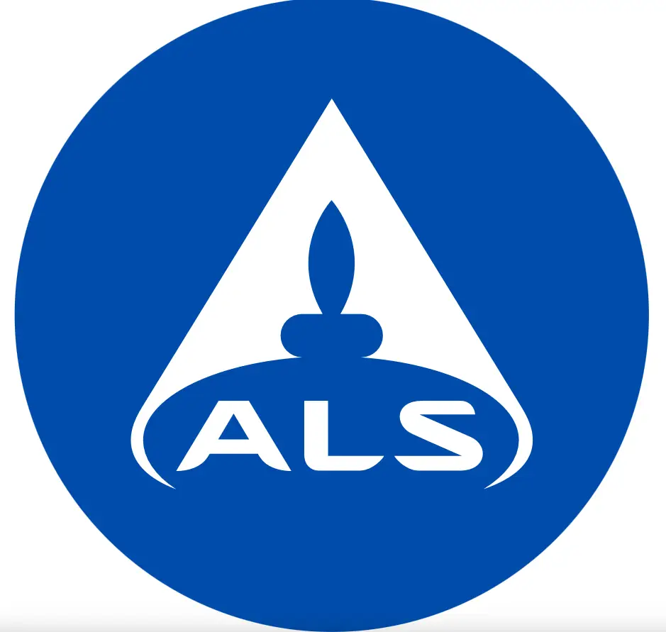 Logo ALS v modrém pozadí s bílými prvky.